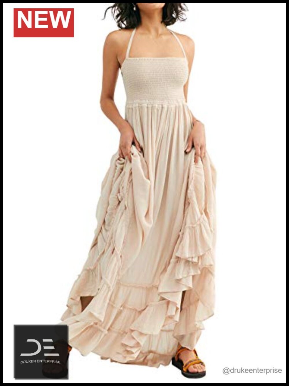 Womens Cotton Rayon Boho Backless Halter Maxi Dress Ruffled Hem